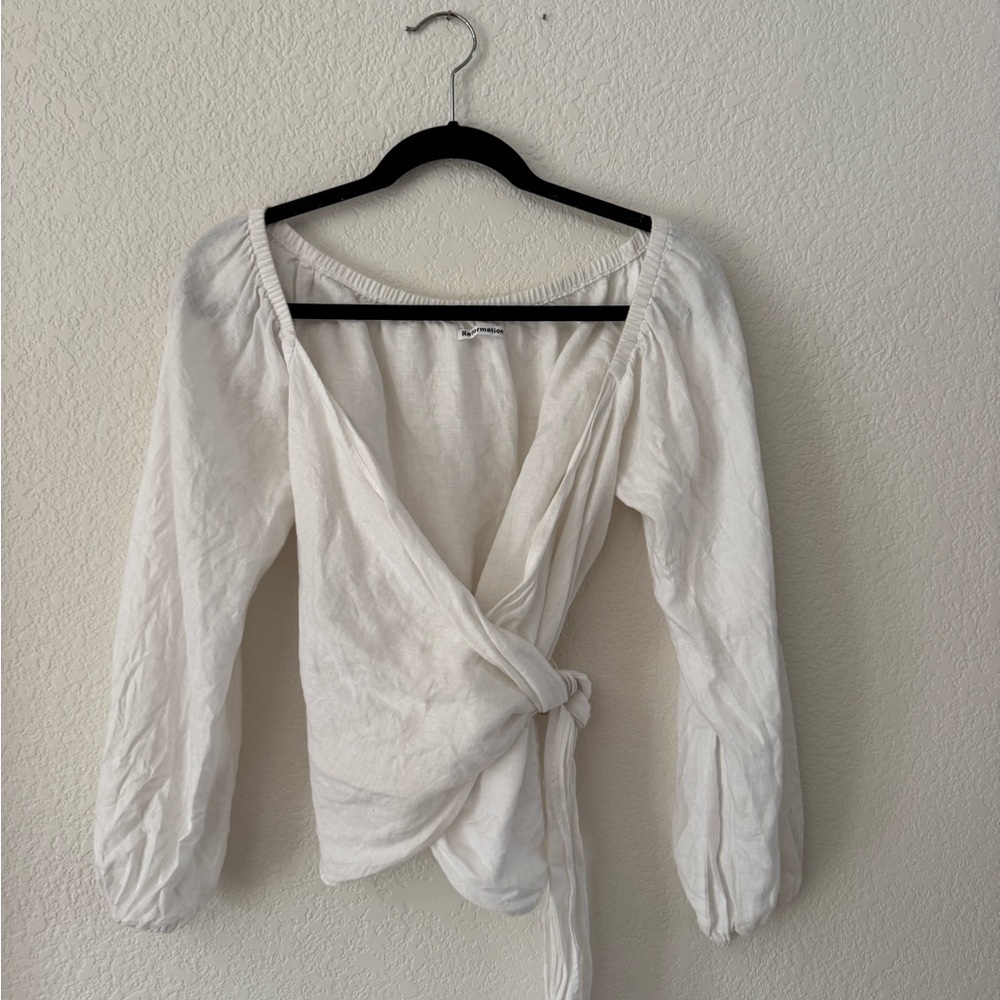 Reformation 100% Linen white wrap top